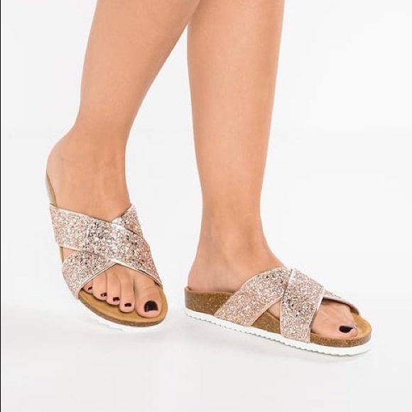 Rose Gold Glitter Cork Platform Slides 